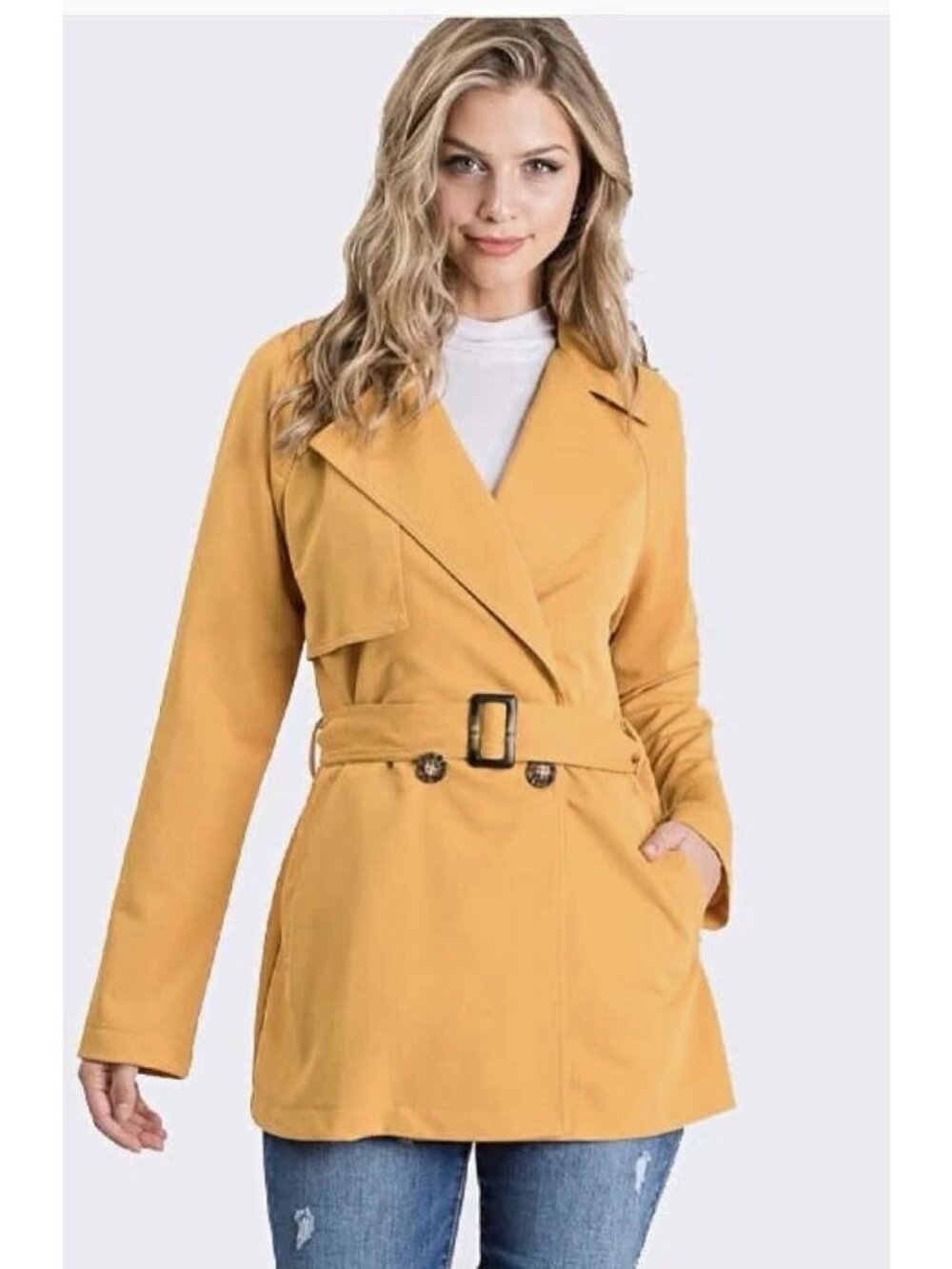 HAVE Mustard Belted Trench Coat w/ Pockets Mid-Length Button Front Size M